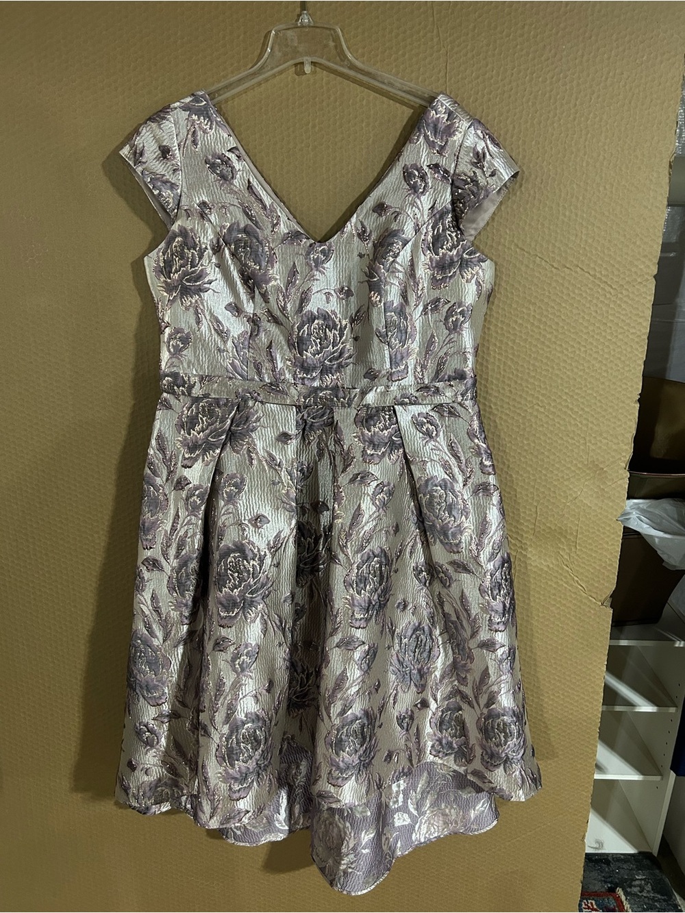 Oleg Cassini Silver and Lavender Floral Fit-and-Flare Midi Dress